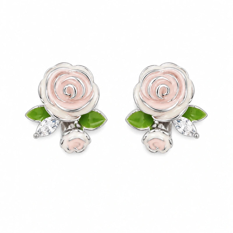 925 silver rose floral stud earrings, blush swirl rose with green leaves and silver accents