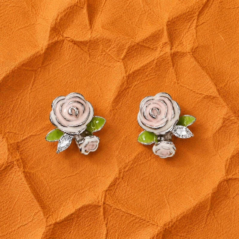 925 silver rose floral stud earrings, blush swirl center with green leaves and tiny petals