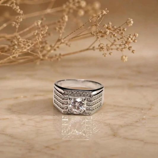 Bold Square Halo Silver Ring with Brilliant Center Stone - 925 Silver Jewelery
