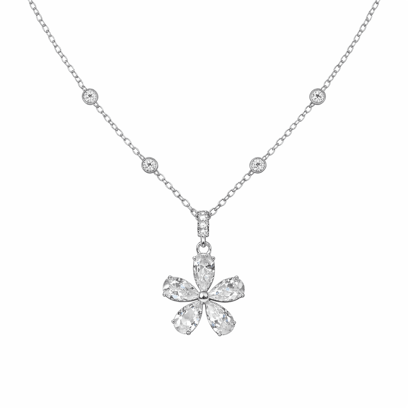 925 silver floral blossom pendant necklace with round stones on the five-petal flower