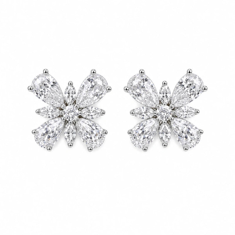 Crystal flower stud earrings, silver-toned butterfly-blossom design