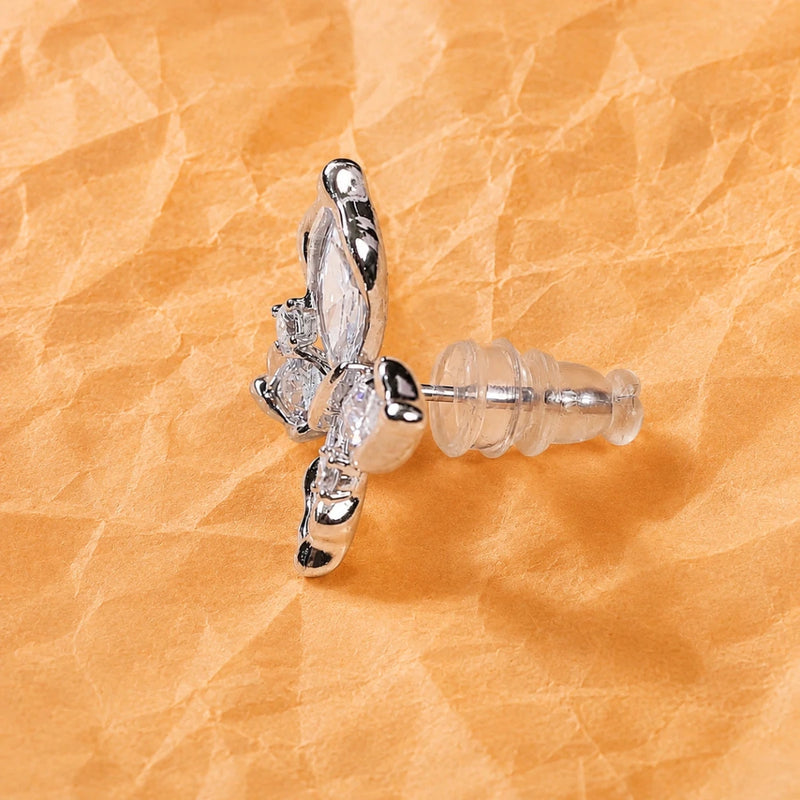 Silver butterfly crystal stud earring with post and butterfly wing setting