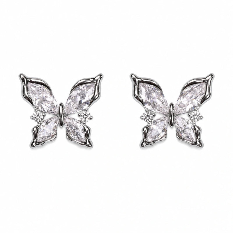 Silver butterfly crystal stud earrings, two marquise stones per wing, front view