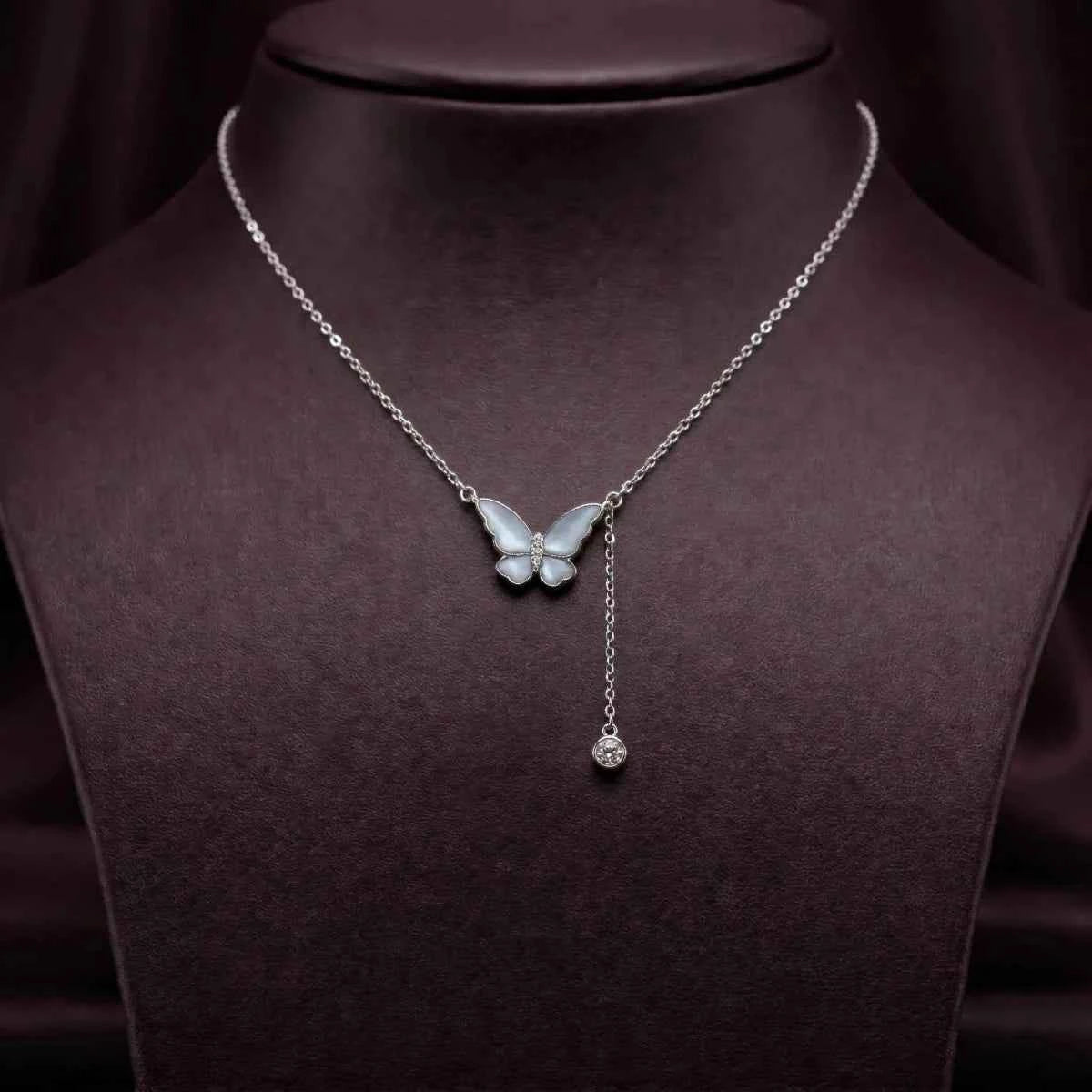 Butterfly Drop Charm Necklace - 925 Silver Jewelery