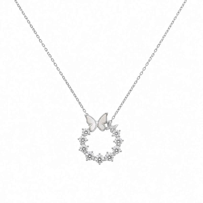 Silver butterfly halo necklace with chain and heart-shaped sparkling halo pendant