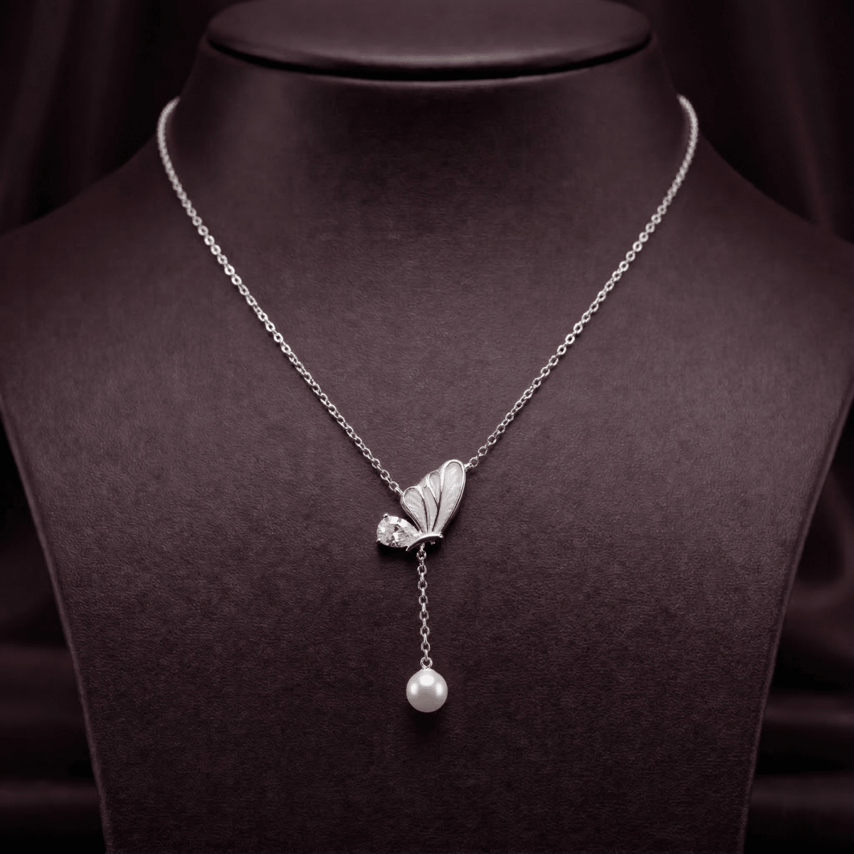 Butterfly Pearl Drop Necklace – Minimalist Charm with Crystal Accent - Silvorn India