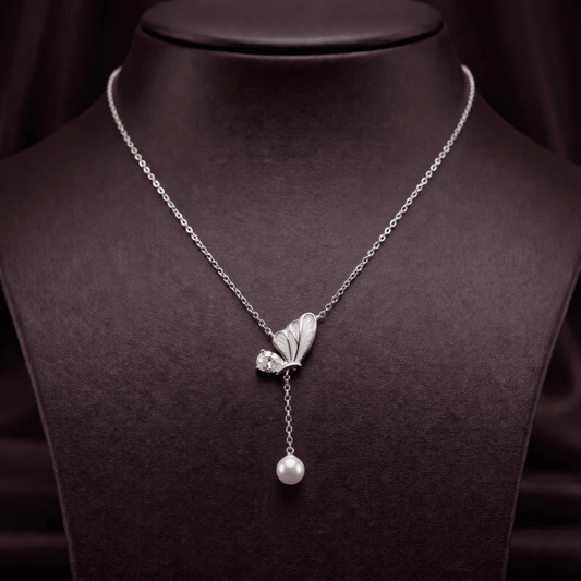 Butterfly Pearl Drop Necklace – Minimalist Charm with Crystal Accent - 925 Silver Jewelery