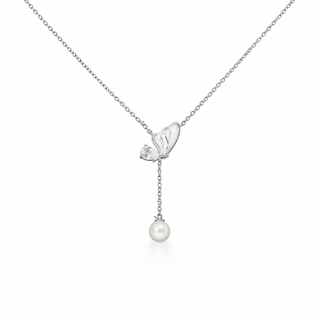 Butterfly Pearl Drop Necklace – Minimalist Charm with Crystal Accent - Silvorn India