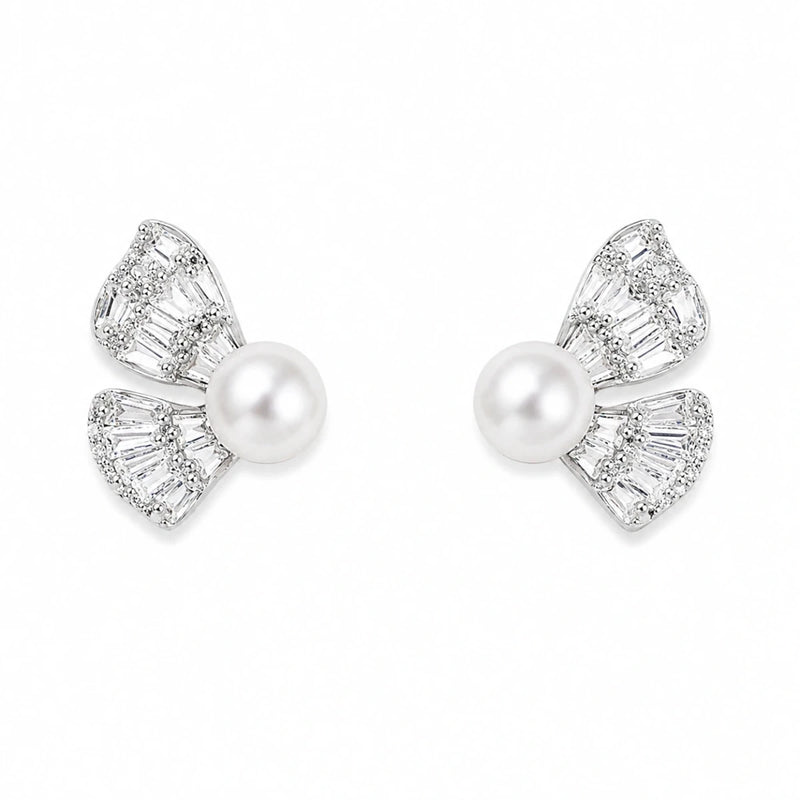 Butterfly pearl stud earrings with round white pearl and silver crystal bow design