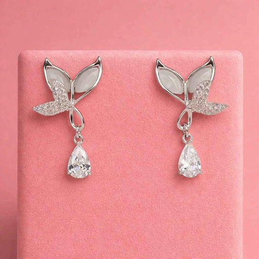 Butterfly Pearl Wing Drop Earrings with Sparkling Teardrop Crystal - 925 Silver Jewelery
