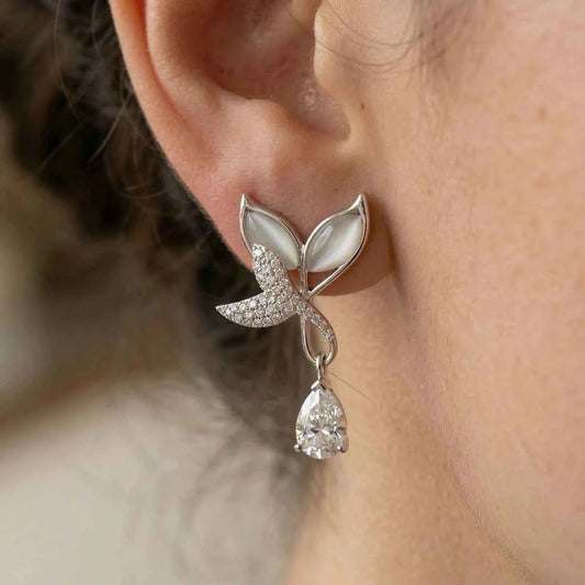 Butterfly Pearl Wing Drop Earrings with Sparkling Teardrop Crystal - 925 Silver Jewelery