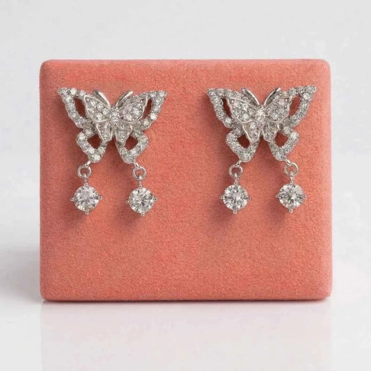Butterfly Sparkle Drop Earrings with Crystal Dangling Charm - 925 Silver Jewelery