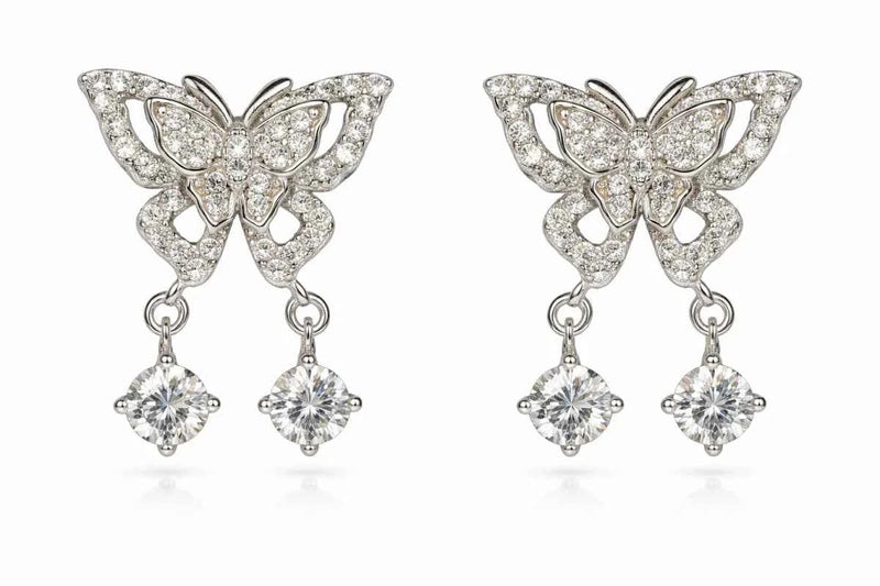 Butterfly crystal drop earrings, 925 silver with four round dangling crystals