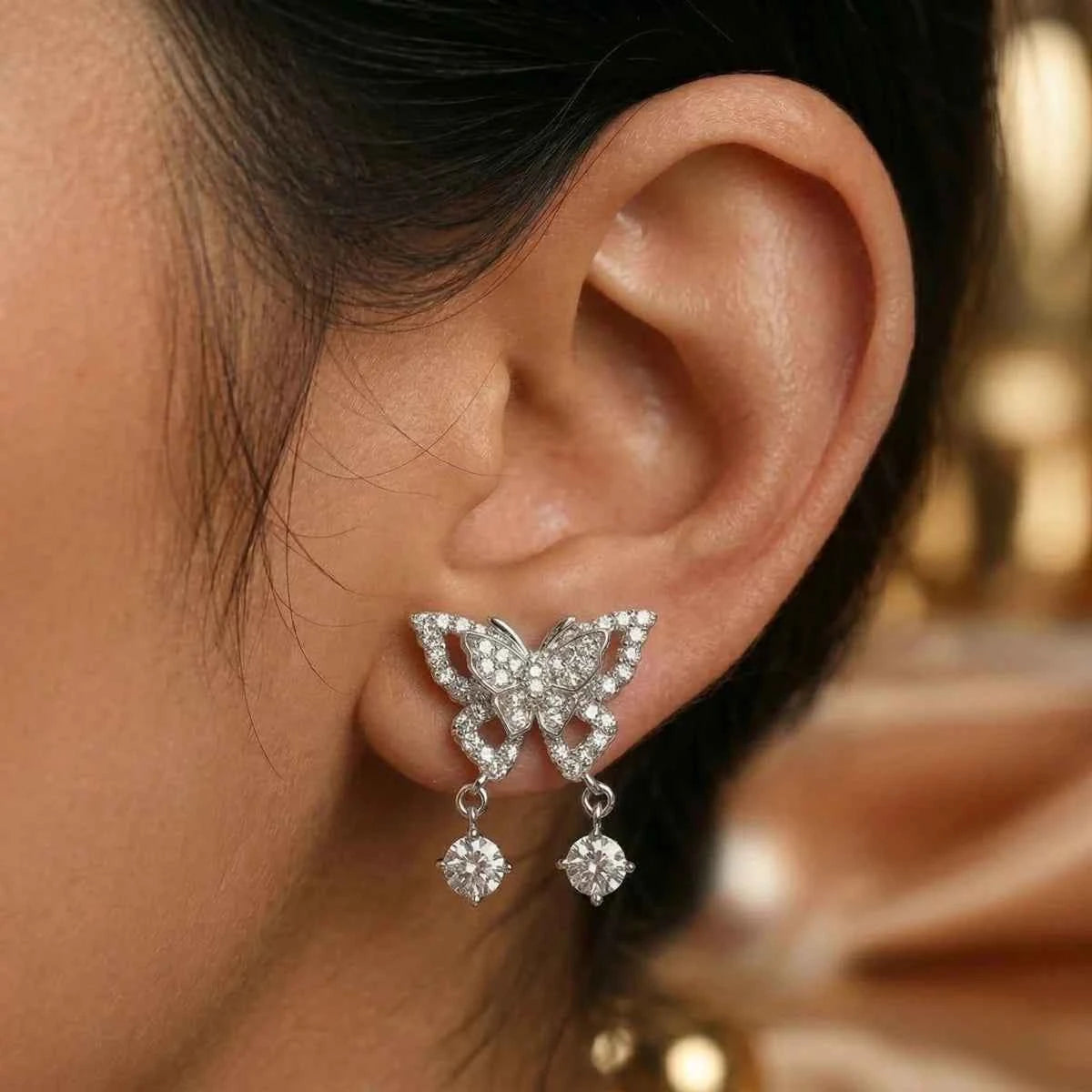 Butterfly Sparkle Drop Earrings with Crystal Dangling Charm