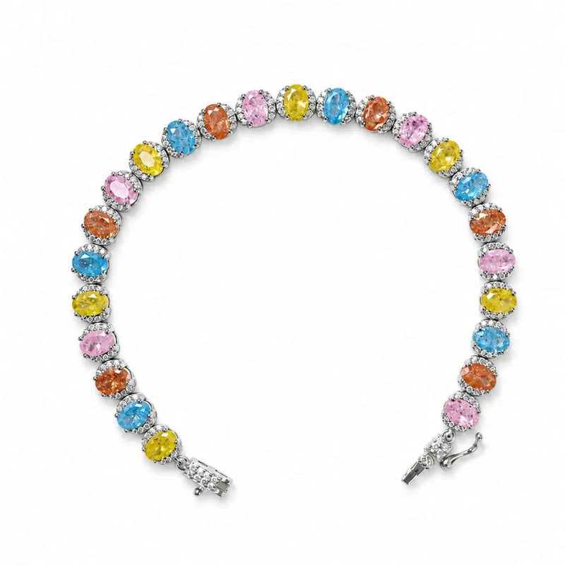 Pastel tennis bracelet featuring round multicolor gemstones and silver end links