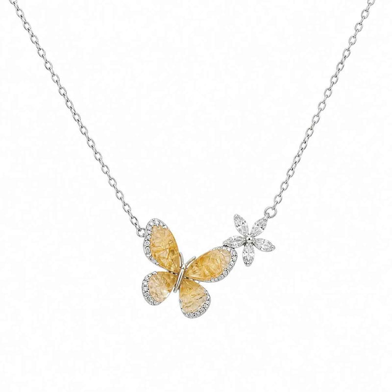 925 silver butterfly necklace pendant with gold-tone butterflies and crystal flower detail