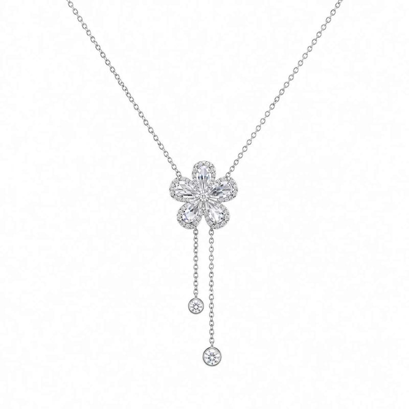 Silver 925 drop bloom necklace with open flower pendant and two round dangling charms