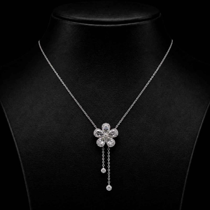Silver 925 drop bloom necklace with flower pendant and two dangling charm drops