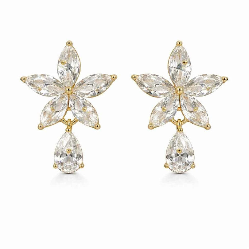 Pair of gold-tone floral stud earrings with five-petal clear crystal and two pear drops