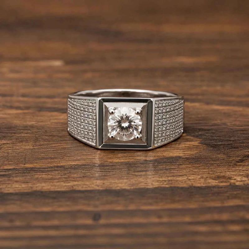 Sterling silver ring with rectangular center stone and textured pavé band