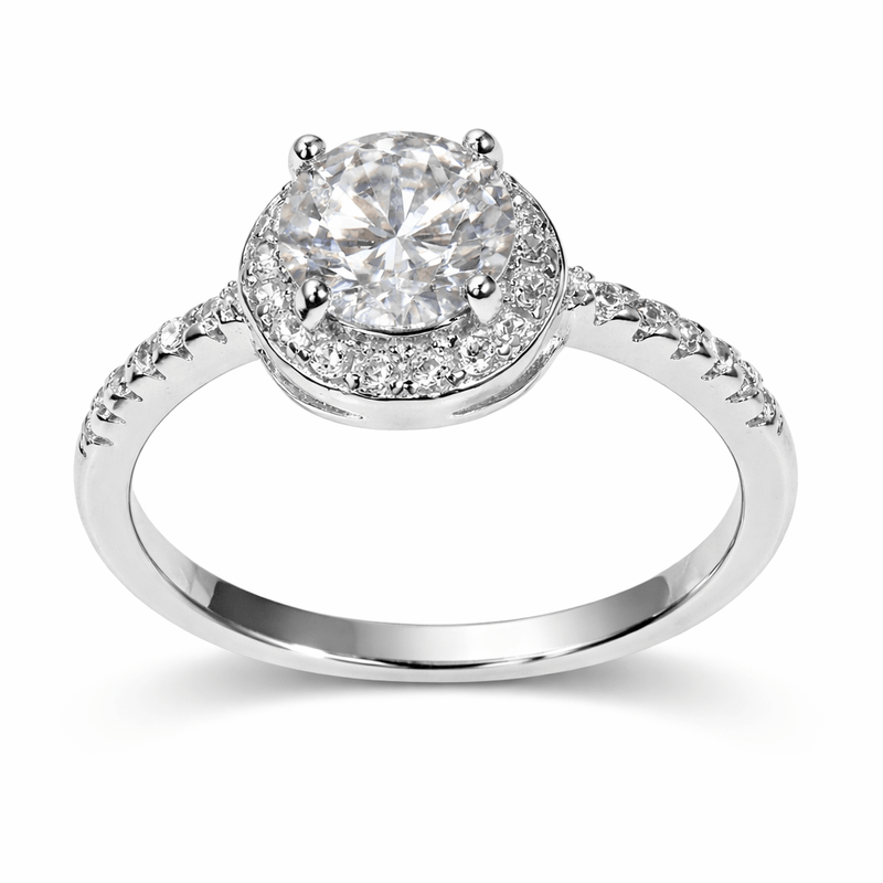 925 silver halo ring with large round center stone and etched side details
