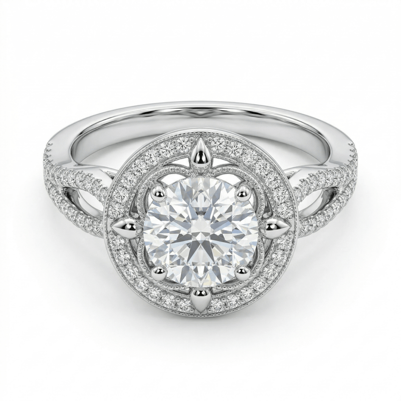 Silver round halo engagement ring with large round center stone and pavé shoulders