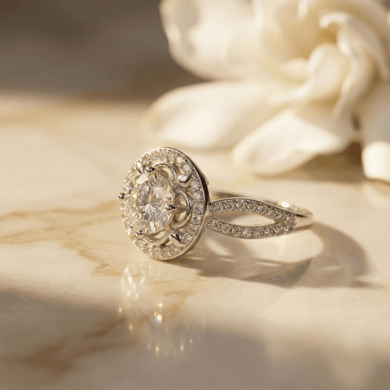 Silver round halo twist ring with sparkling center stone and slim pavé band