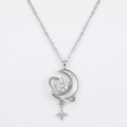 Celestial Crescent Sparkle Pendant Necklace - 925 Silver Jewelery