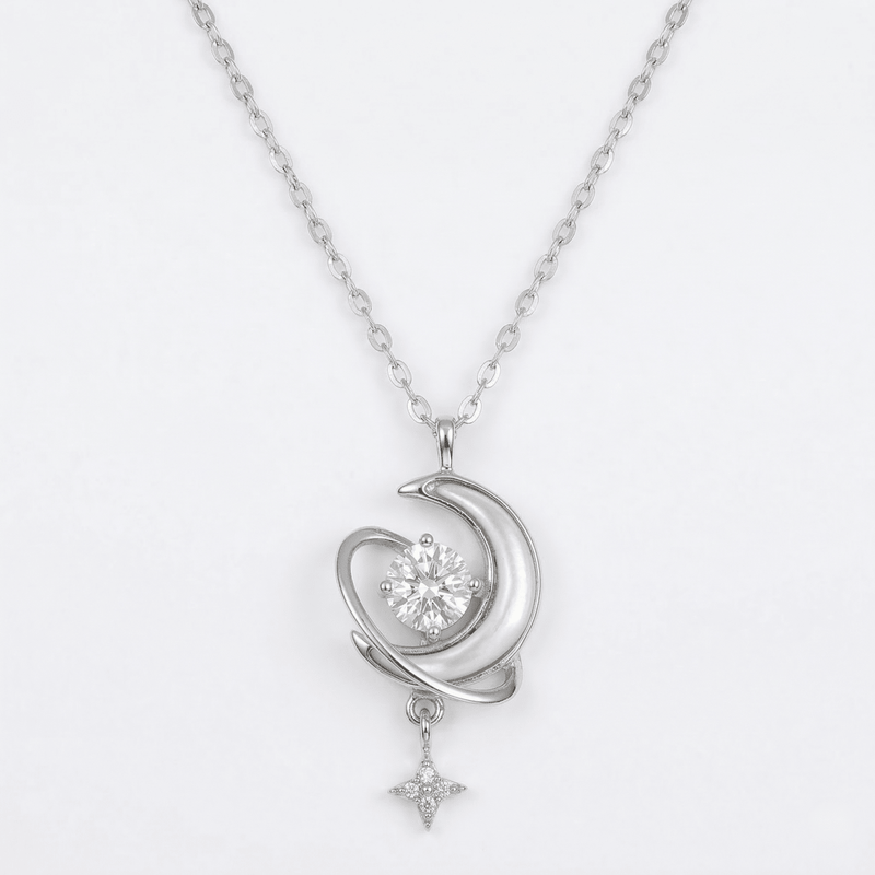 925 silver crescent pendant necklace with round sparkle stone and dangling star charm