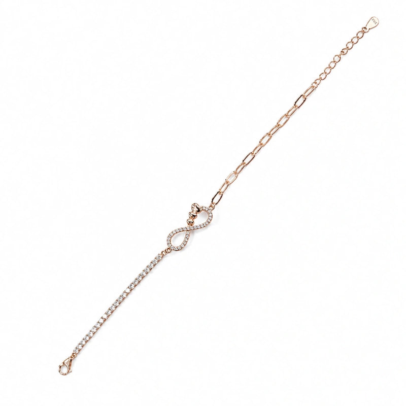 Rose gold plated infinity bracelet with rhinestone-studded links and extender chain
