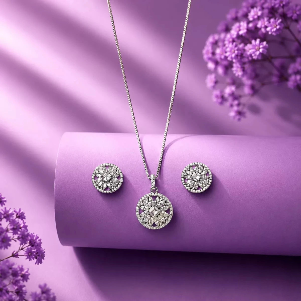 Celestial Sparkle Pendant Set with Stud Earrings - Silvorn India