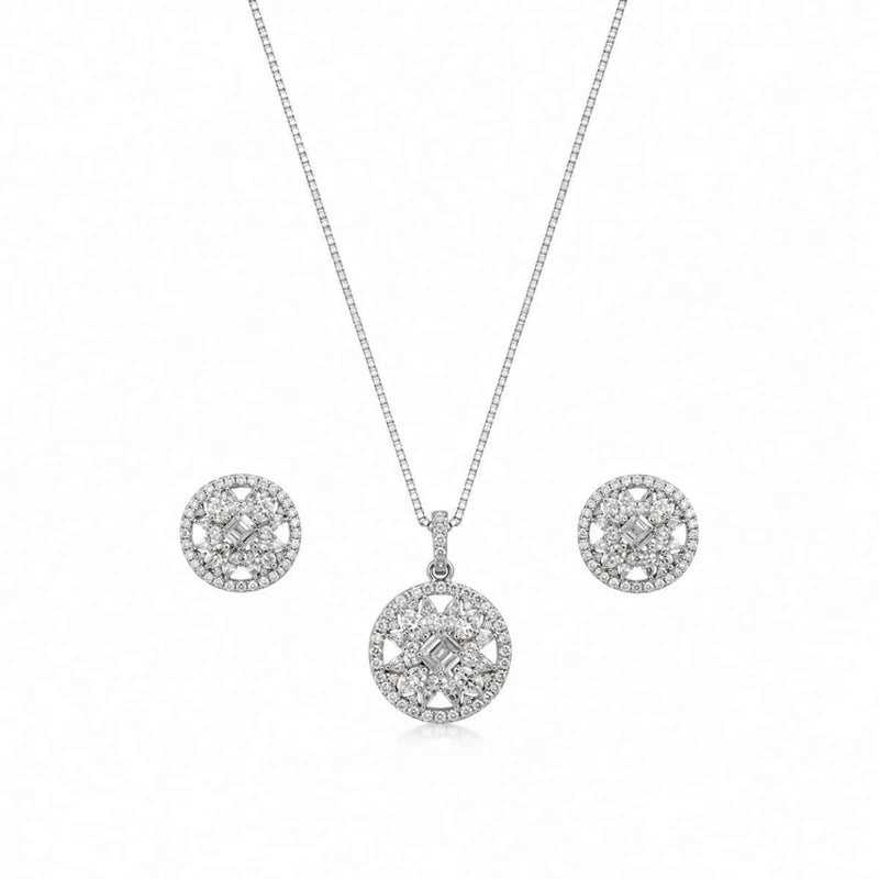 925 silver round crystal pendant necklace with matching stud earrings set