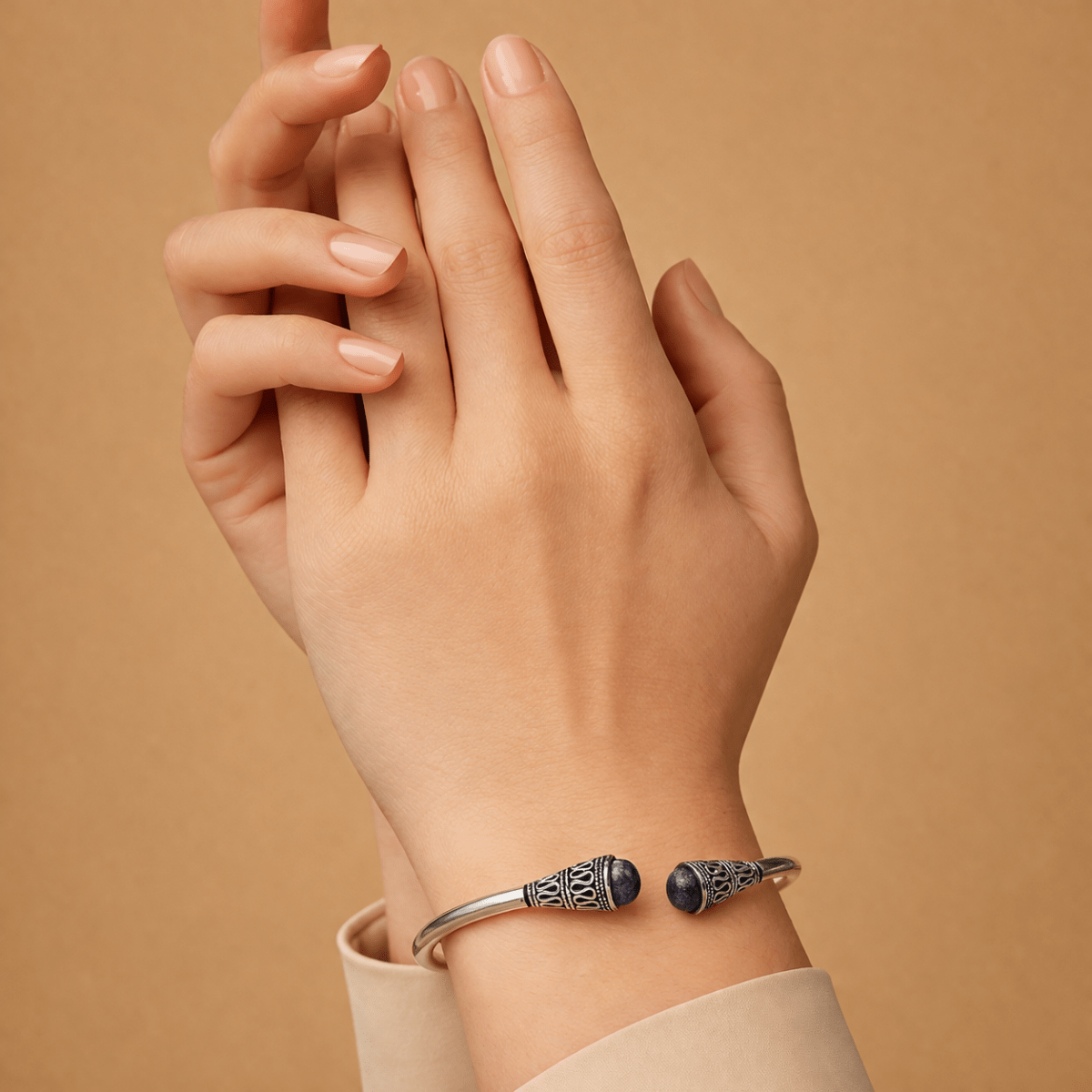 Celestial Twin Blue Stone 925 Open Cuff Bracelet - Silvorn India