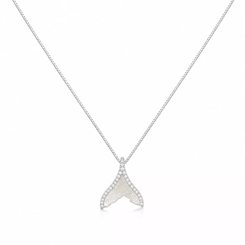 925 silver crystal pendant necklace with mermaid-tail charm, close-up