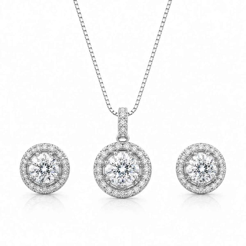 925 silver halo pendant necklace with round crystal pendant and stud earrings
