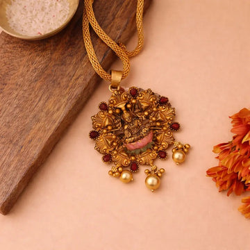 Circular Lakshmi Motif Gold - Plated Pendant - Silvorn India
