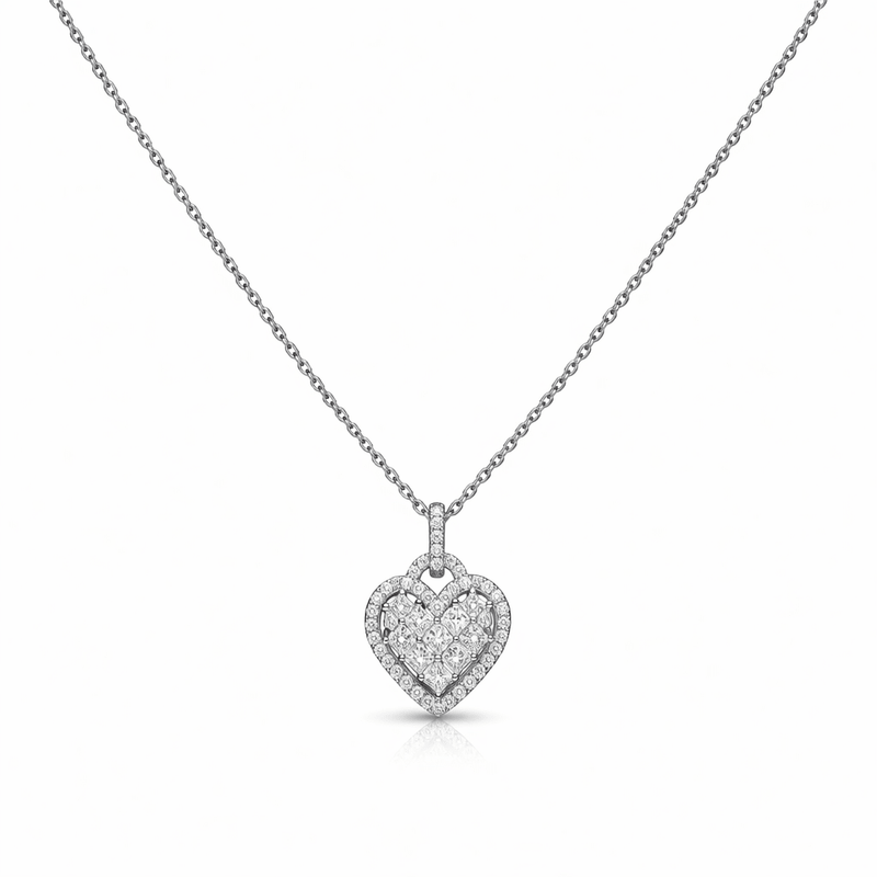 Sterling silver heart pendant necklace with glittery pavé heart design on chain.