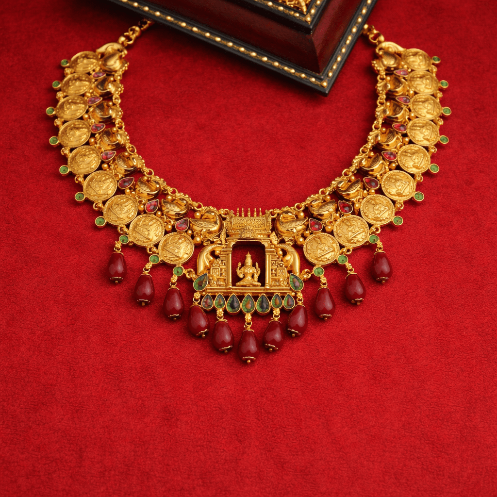 Classic Lakshmi Floral Temple Gold - Plated Necklace - Silvorn India