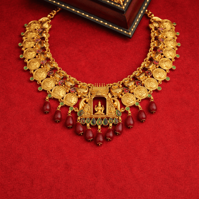Gold-plated temple necklace with coin medallions, floral pendant, and dangling red beads