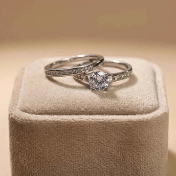Classic Silver Solitaire Ring Set with Pave Band