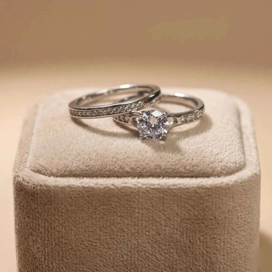 Classic Silver Solitaire Ring Set with Pave Band - 925 Silver Jewelery