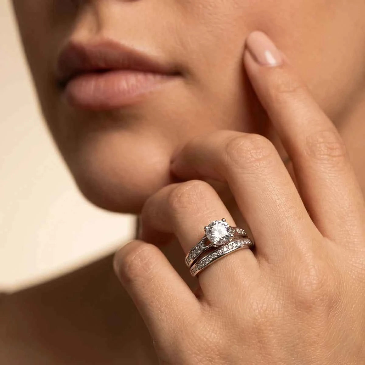 Classic Silver Solitaire Ring Set with Pave Band - Silvorn India