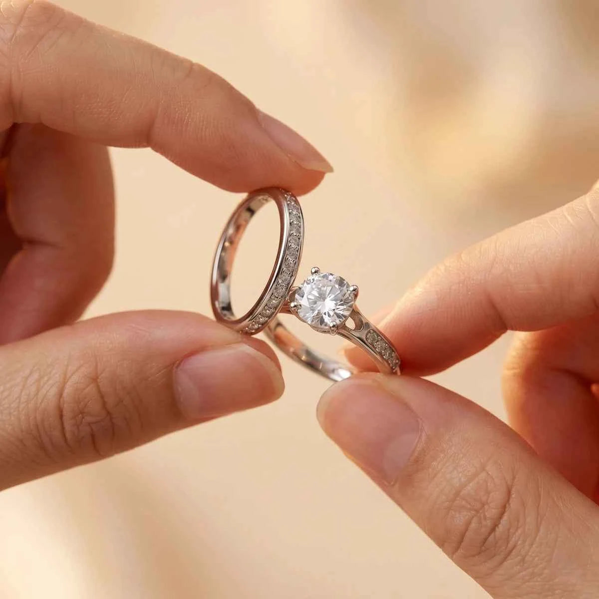 Classic Silver Solitaire Ring Set with Pave Band - Silvorn India