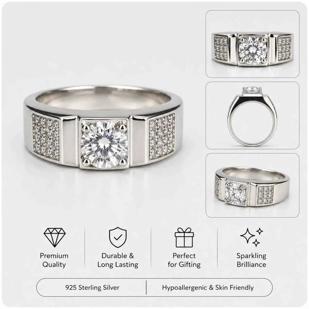 Classic Solitaire Ring with Pavé Side Panels - 925 Silver Jewelery