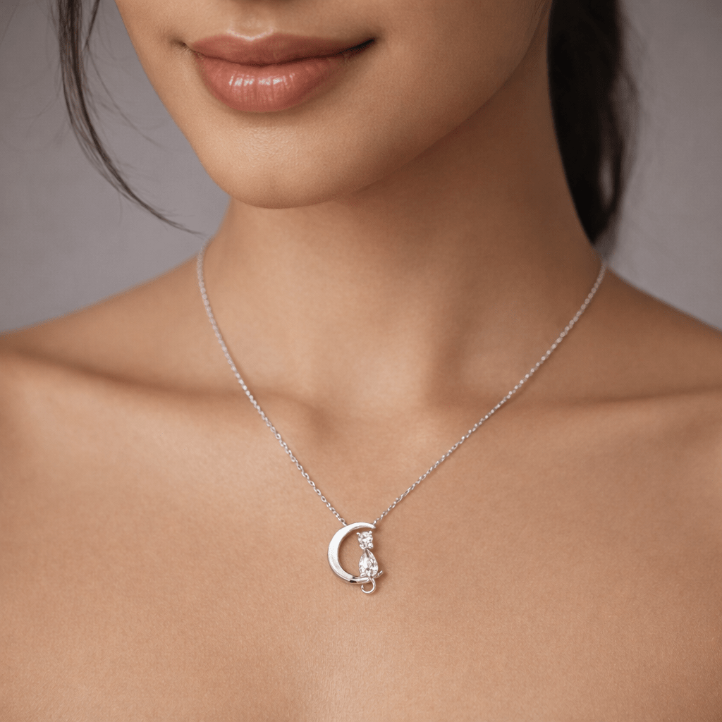 Crescent Moon Pendant Necklace with Teardrop Crystal Accent - Silvorn India