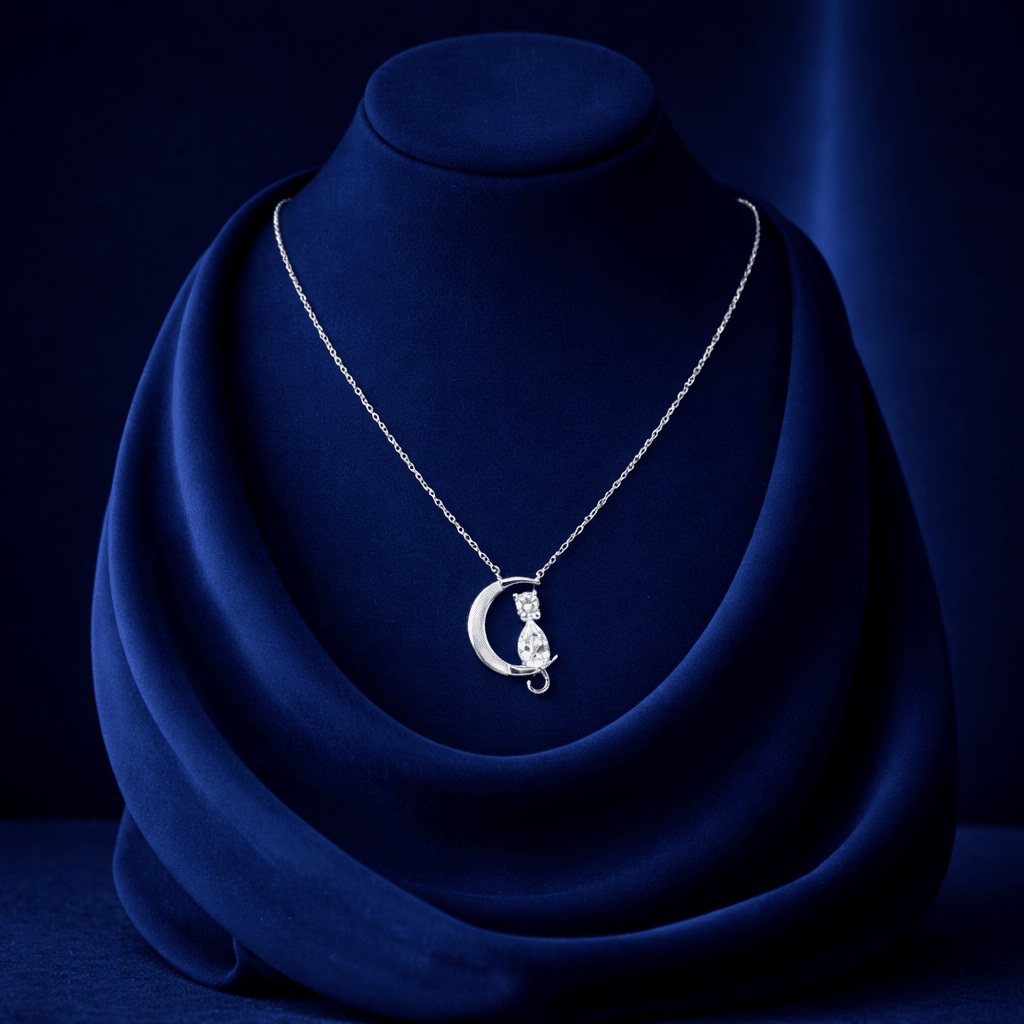 Crescent Moon Pendant Necklace with Teardrop Crystal Accent - Silvorn India