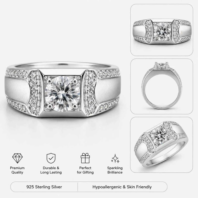 Crest Halo statement ring in 925 silver, shown from multiple angles with central round gemstone