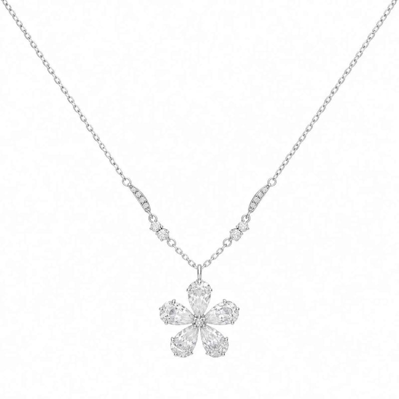 925 silver crystal flower pendant necklace with five-petal charm and chain