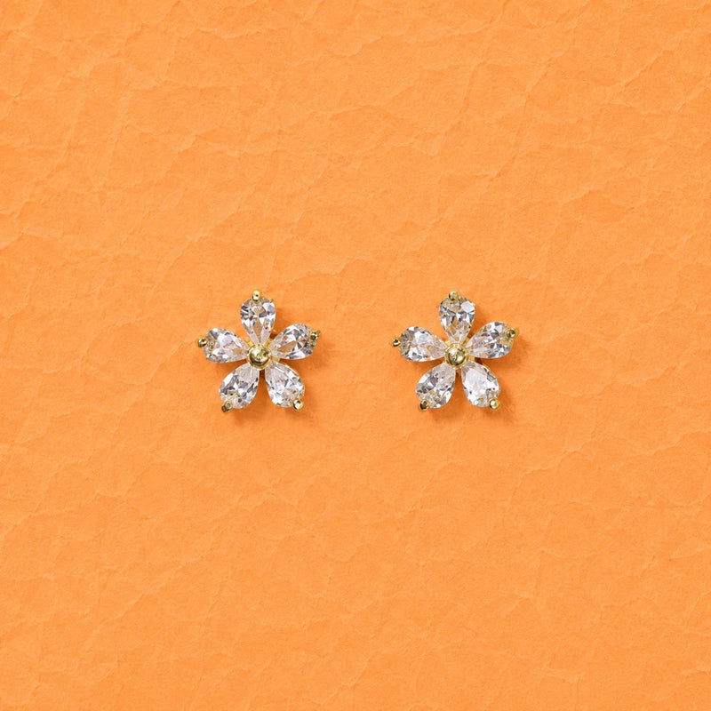 Crystal daisy bloom stud earrings, five-stone flower shape with bright clear sparkle