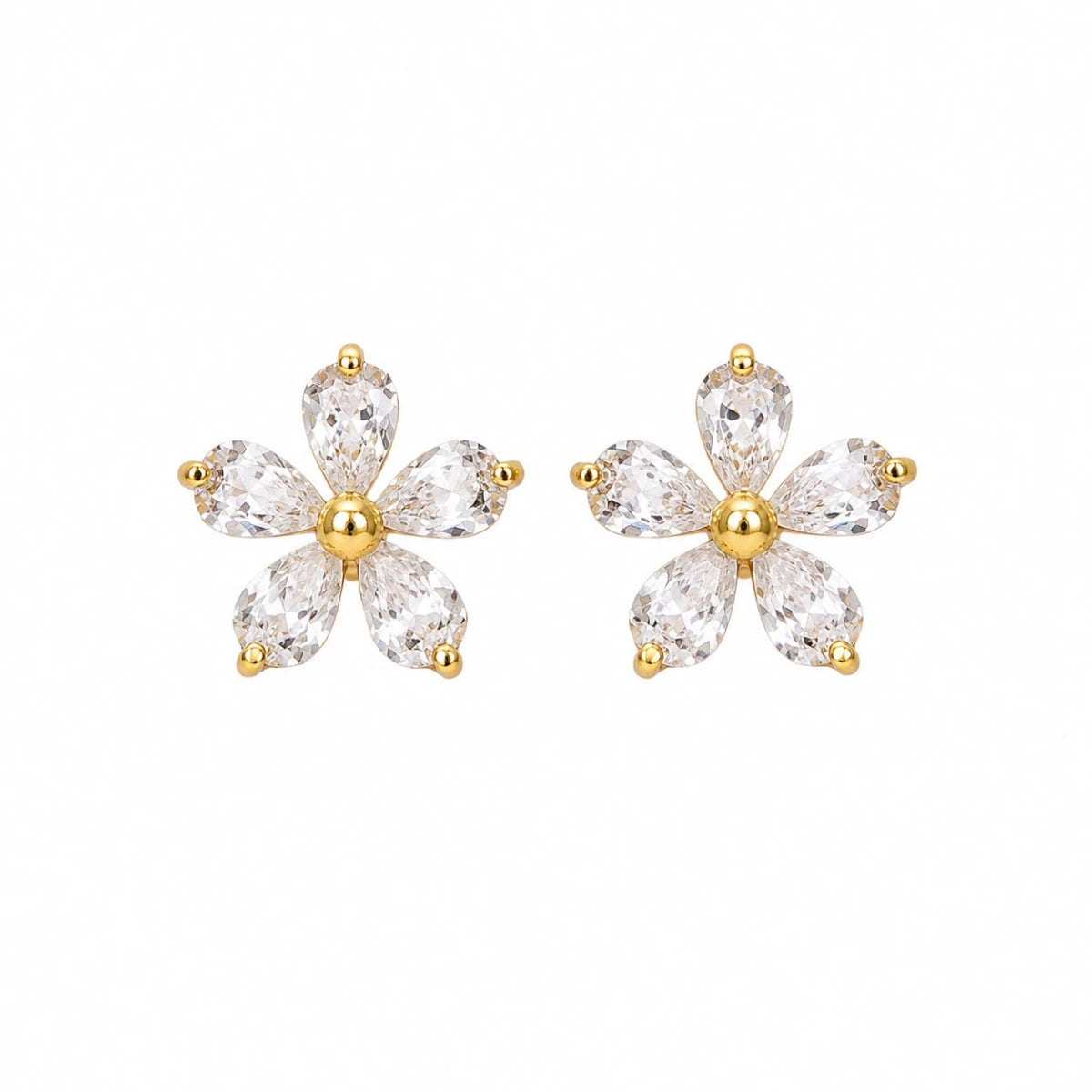 Crystal daisy bloom stud earrings with five clear stones and gold-tone center caps